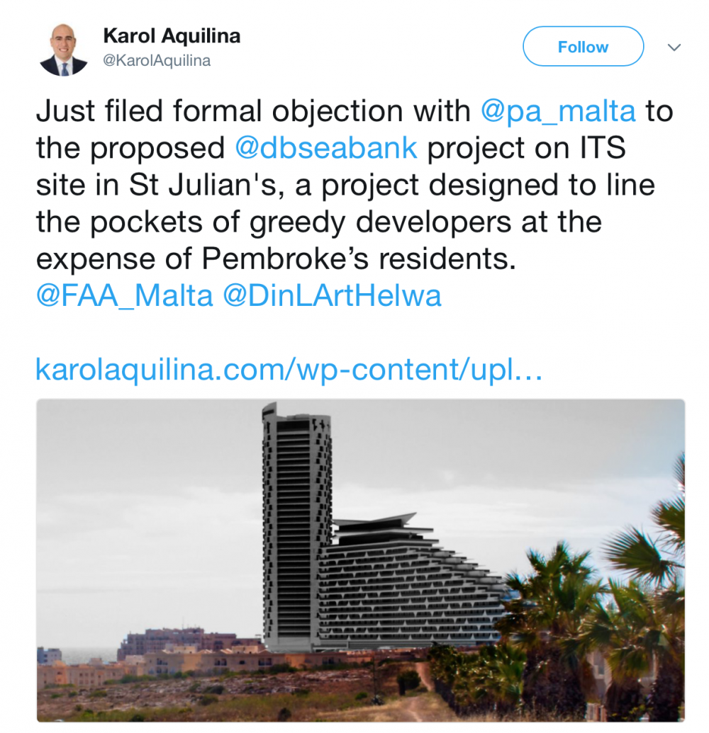 Karol Aquilina tweeted about his formal objection to the PA