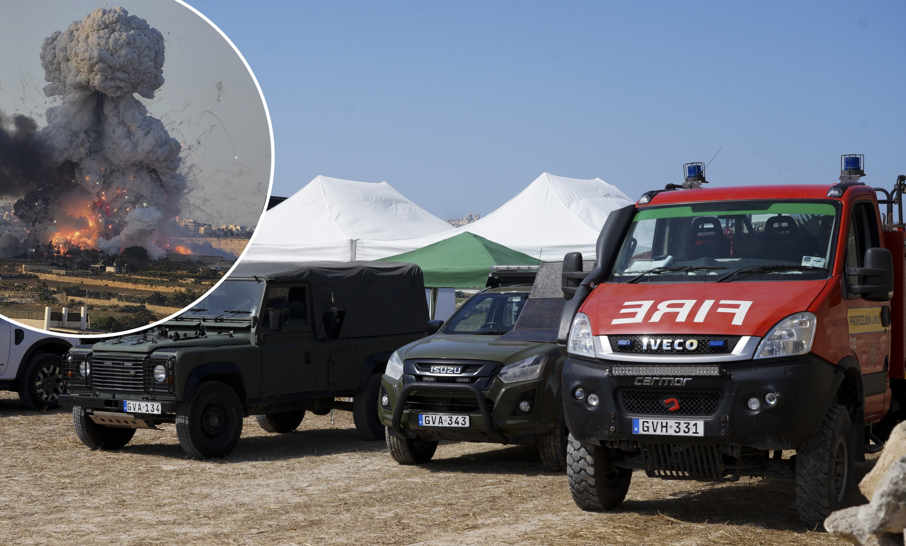 Forensic experts and specialised teams from the army and civil protection have been studying the site of the fireworks explosion in Salini as part of the ongoing magisterial inquiry. (Main photo: James Bianchi/MaltaToday; Inset: A photo of the explosion posted on social media)