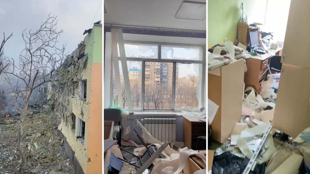 Stills from a video shared by the Ukrainian president showing destruction at a maternity and children's hospital in Mariupol after it was bombed by Russian forces