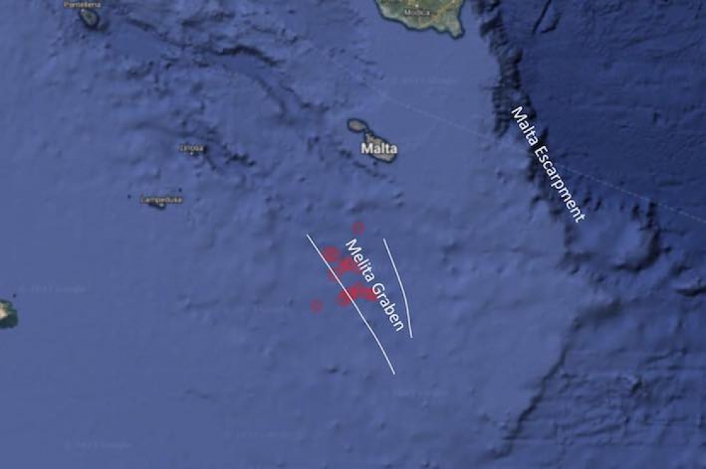The recent spate of earthquakes to the south of Malta is concentrated along the Melita Graben (Photo overlay: Geologist Peter Gatt)