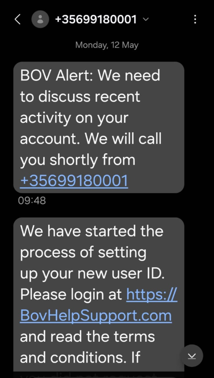 A screenshot showing the message received by victims 