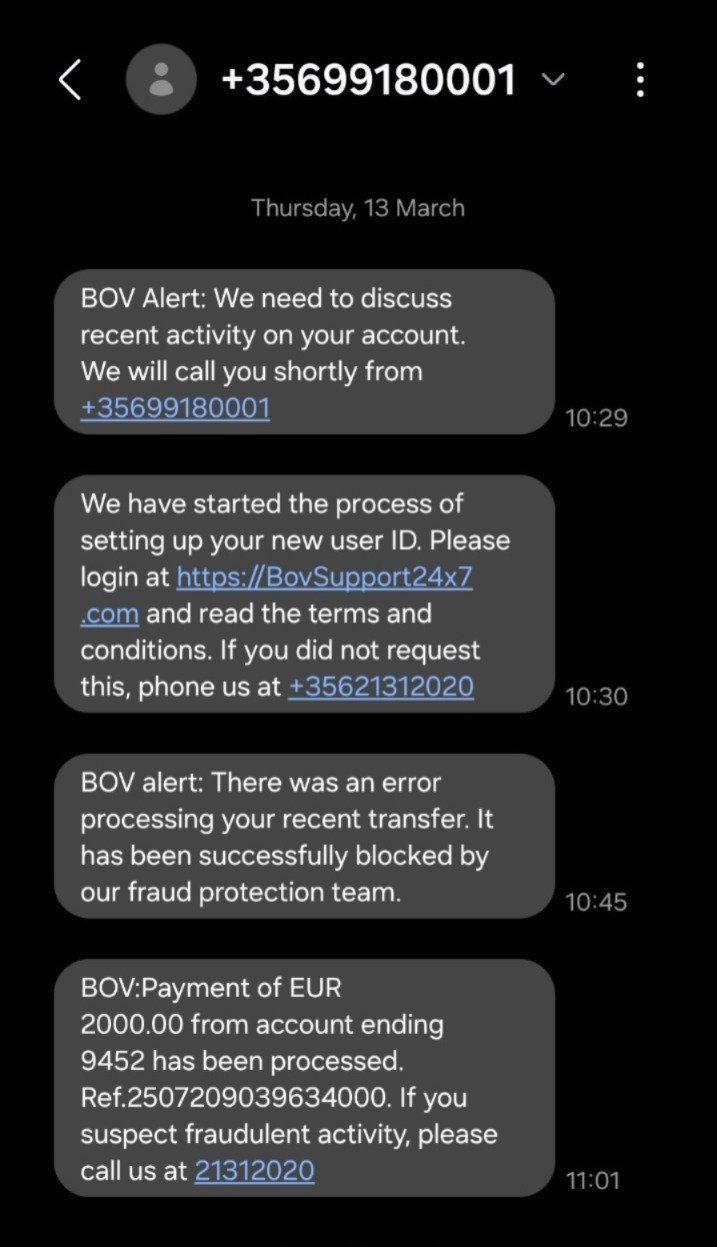 A screenshot showing the message received by victims 