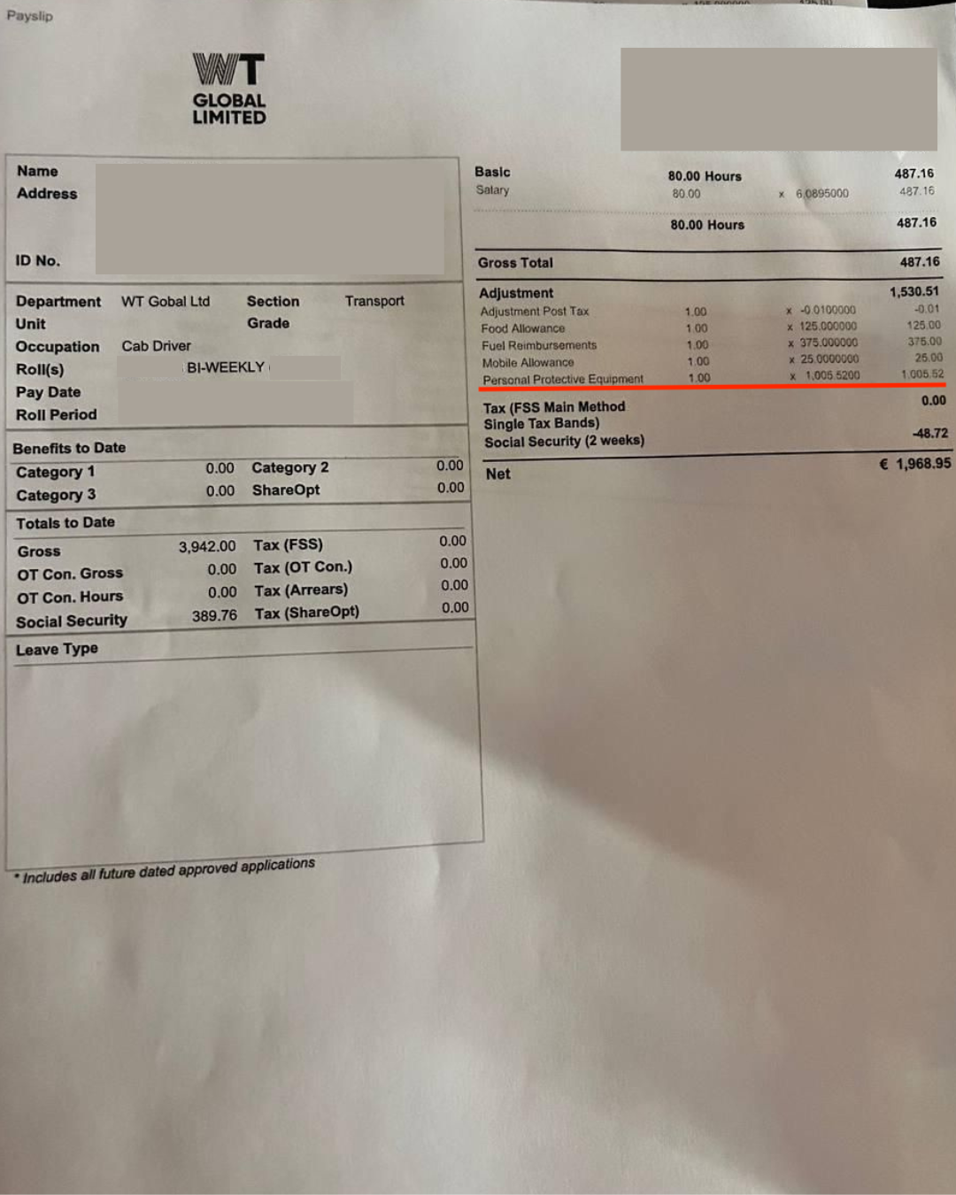 Payslips obtained by MaltaToday show that despite being minimum wage employees, WT Global drivers earn roughly €4,000 in 'adjustments'