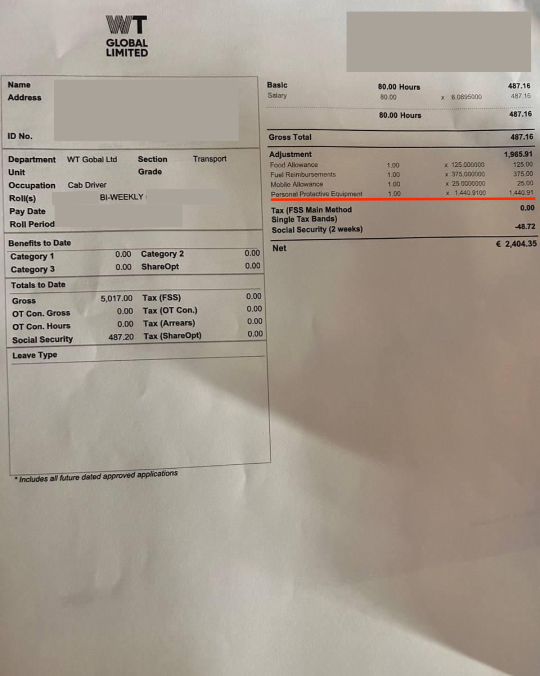Payslips obtained by MaltaToday show that despite being minimum wage employees, WT Global drivers earn roughly €4,000 in 'adjustments'