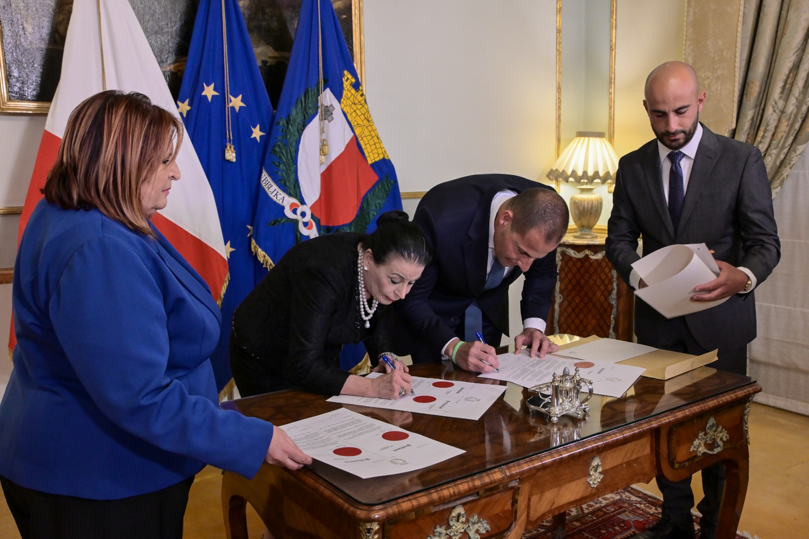 President Myriam Spiteri Debono and Prime Minister Robert Abela at San Anton Palce on Monday evening following his formal request to dissolve parliament for the general election 