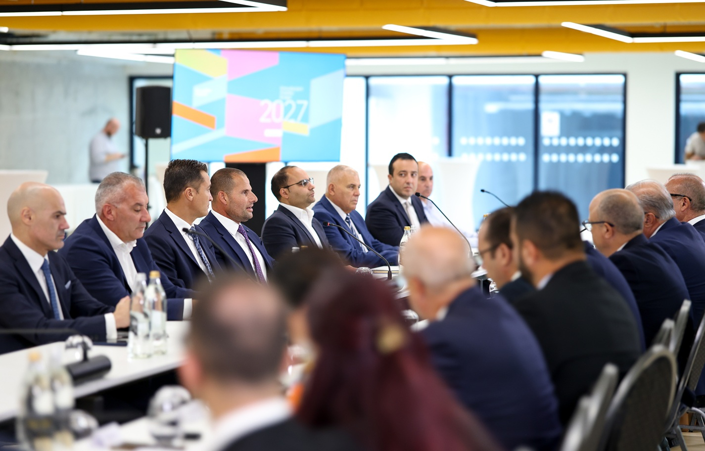 Prime Minister Robert Abela flanked by ministers during pre-budget consultation held in Gozo on Monday (Photo: DOI)