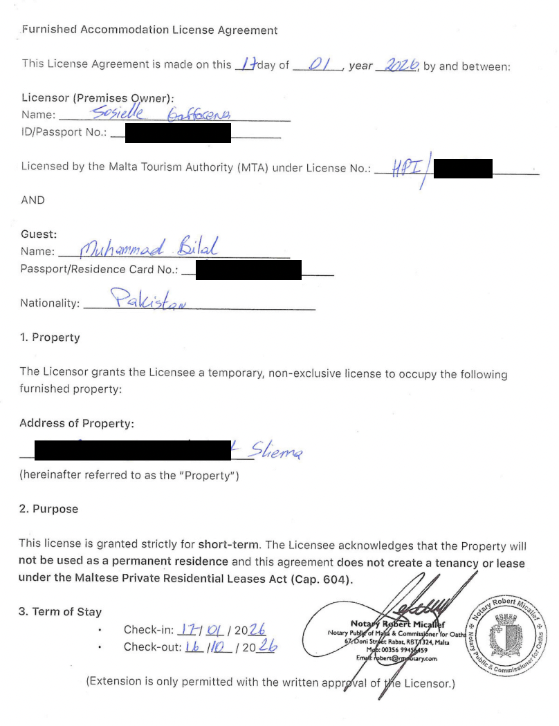 The contract signed by Josielle Gaffarena is registered under the Malta Tourism Authority, not the Housing Authority