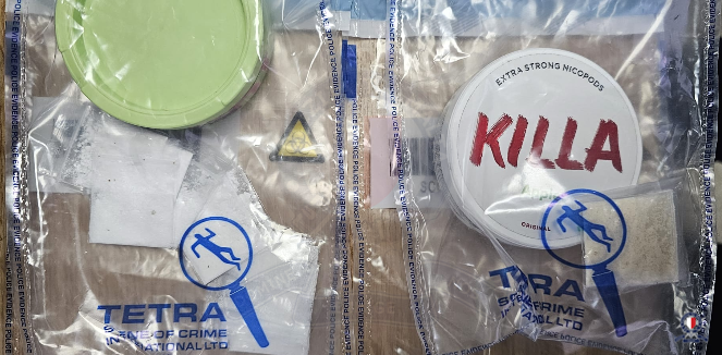A follow-up search of. his residence uncovered further sachets suspected to contain cannabis, cocaine and amphetamine, along with pills suspected to be ecstasy (Photo: Police communications)