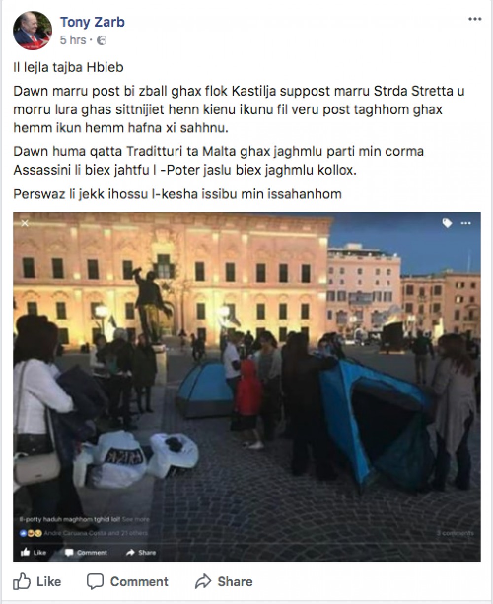 Screenshot of Tony Zarb's Facebook post on the #OccupyJustice protest