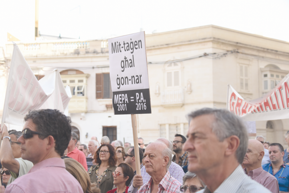 A protest in Sliema in 2016 agaist Planning Authority decisions and over-development. Sliema is the second-highest town when it comes to denied parking spaces from new developments