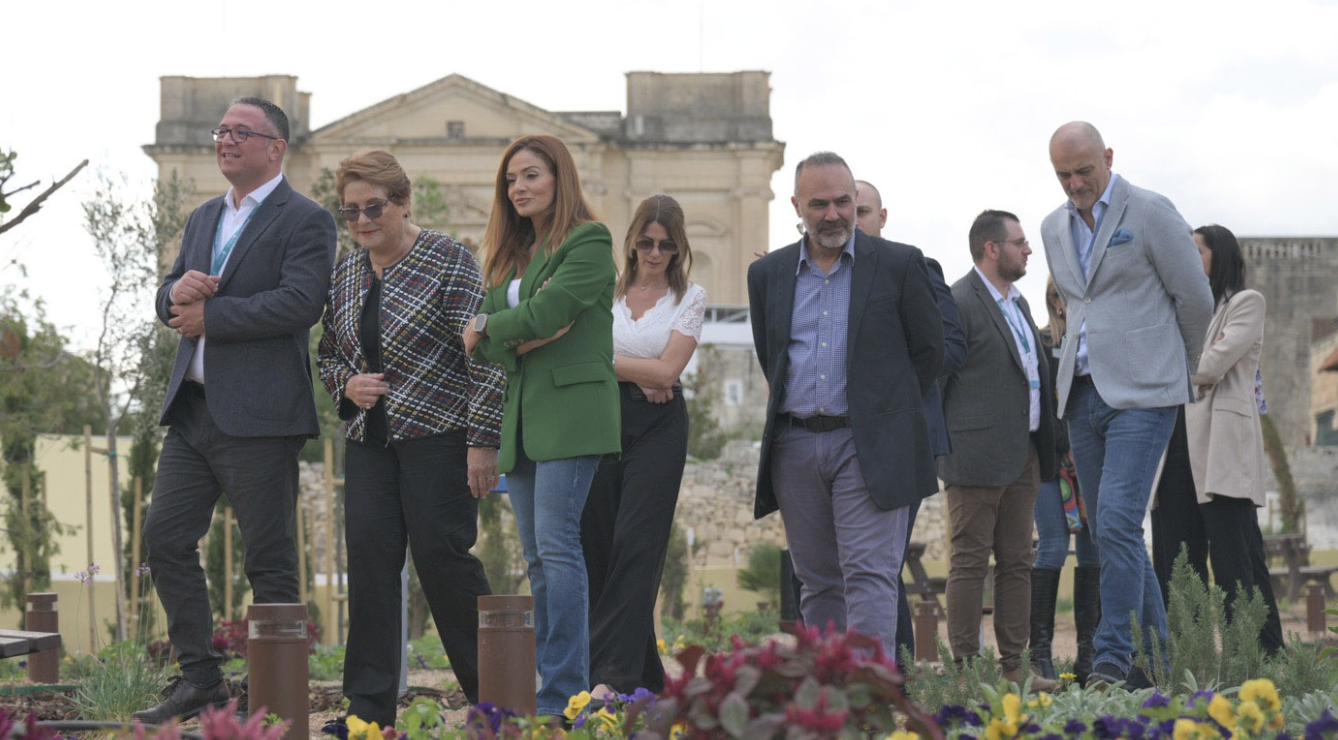 Minister for the Environment Miriam Dalli and Project Green CEO Joseph Cuschieri (pictured far right), touring a newly completed garden at Hospice Malta