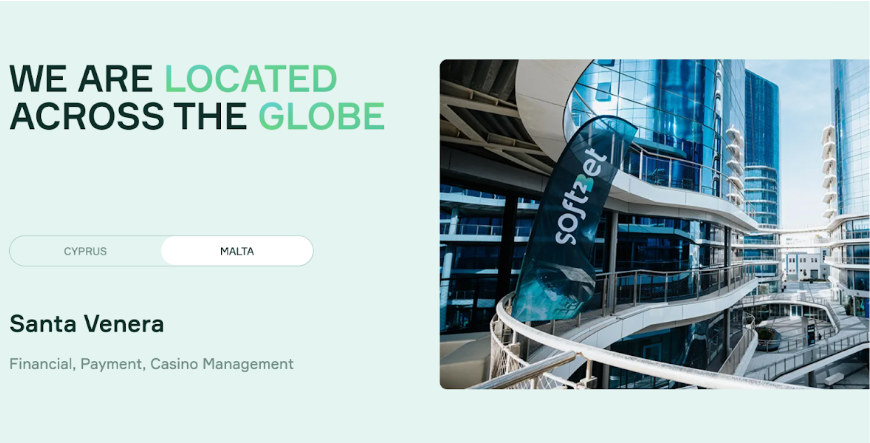 Exterior view of Soft2Bet’s Malta headquarters in Santa Venera, showcasing the modern business complex and Soft2Bet branding in a global iGaming hub