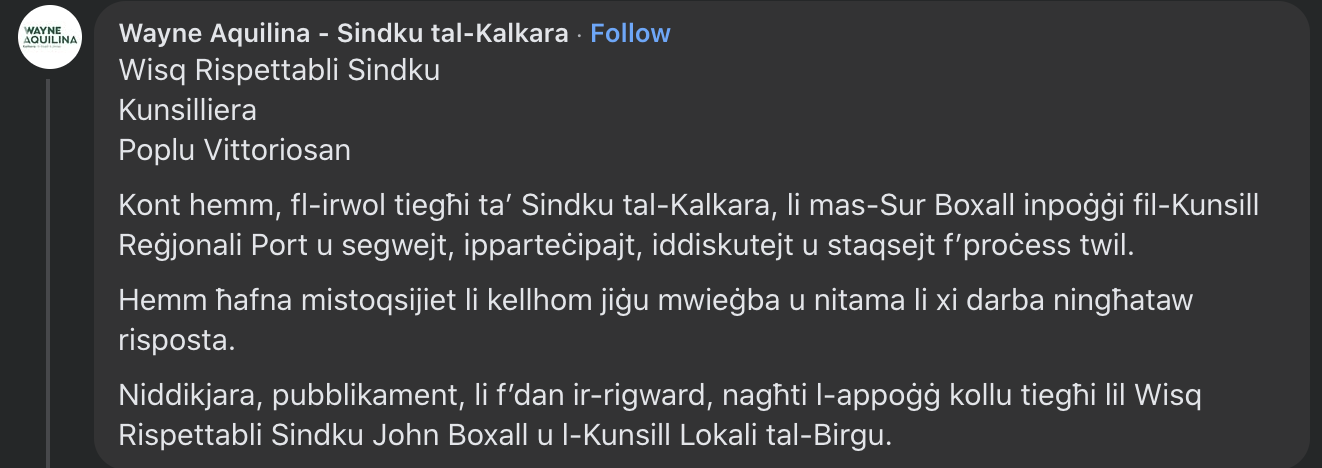 The Kalkara mayor's comment under the Birgu Local Council's post 