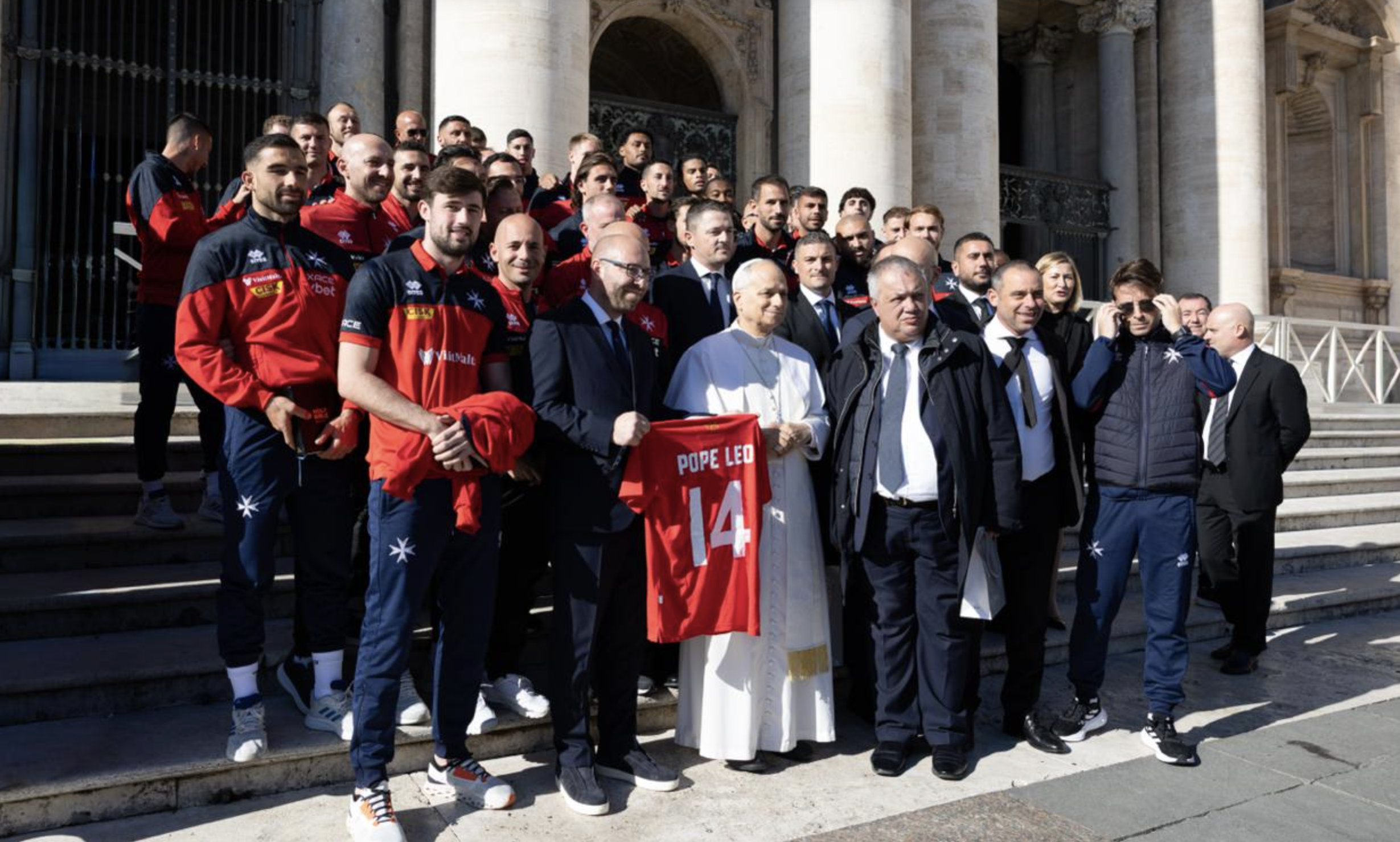 The Malta National Football Team, with Pope Leo XIV (Photo: Malta Football Association)