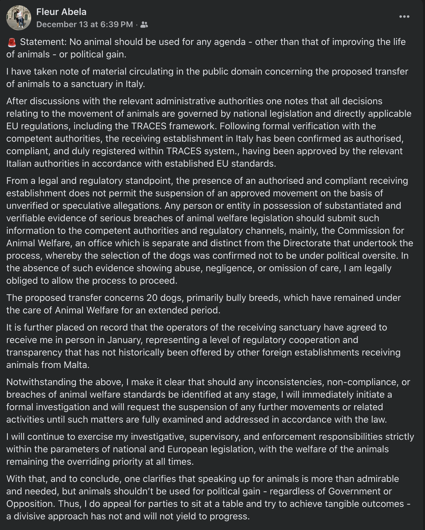 Facebook post uploaded to Fleur Abela's Facebook page 