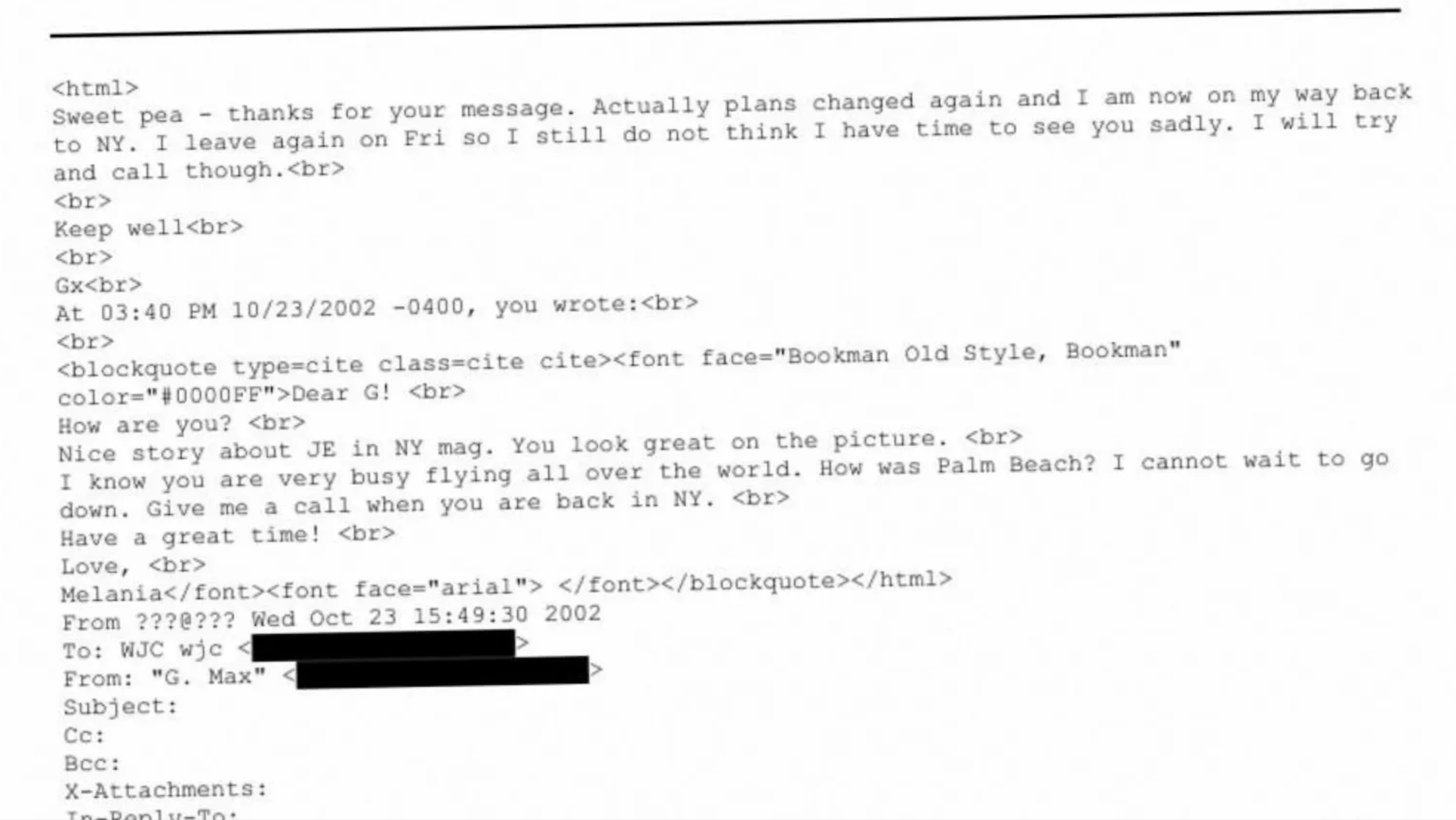 The 2002 email between Melania Trump and Ghislaine Maxwell featured in the Epstein Files (Photo: US Department of Justice) (