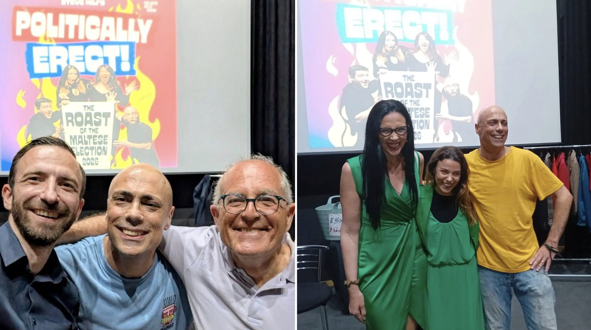(Photo left) Momentum Secretary General Mark Camilleri Gambin (left) and Chairperson Arnold Cassola (right) with show producer Steve Hili, and (right photo) ADPD Chairperson Sandra Gauci (left) next to actor Naomi Said who played her in the show. The politicians were present during one of the shows to watch the skits, some featuring themselves (Photo: Albert Camilleri)