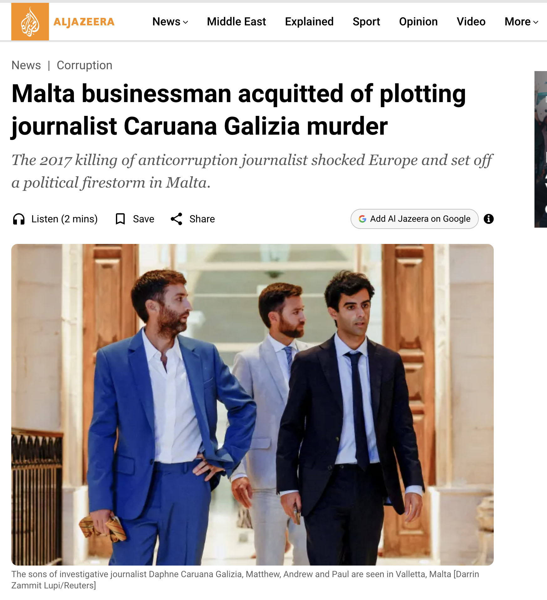Al Jazeera's article on Yorgen Fenech's acquittal 