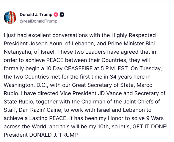 The ceasefire was announced on Truth Social (Photo: Truth Social)