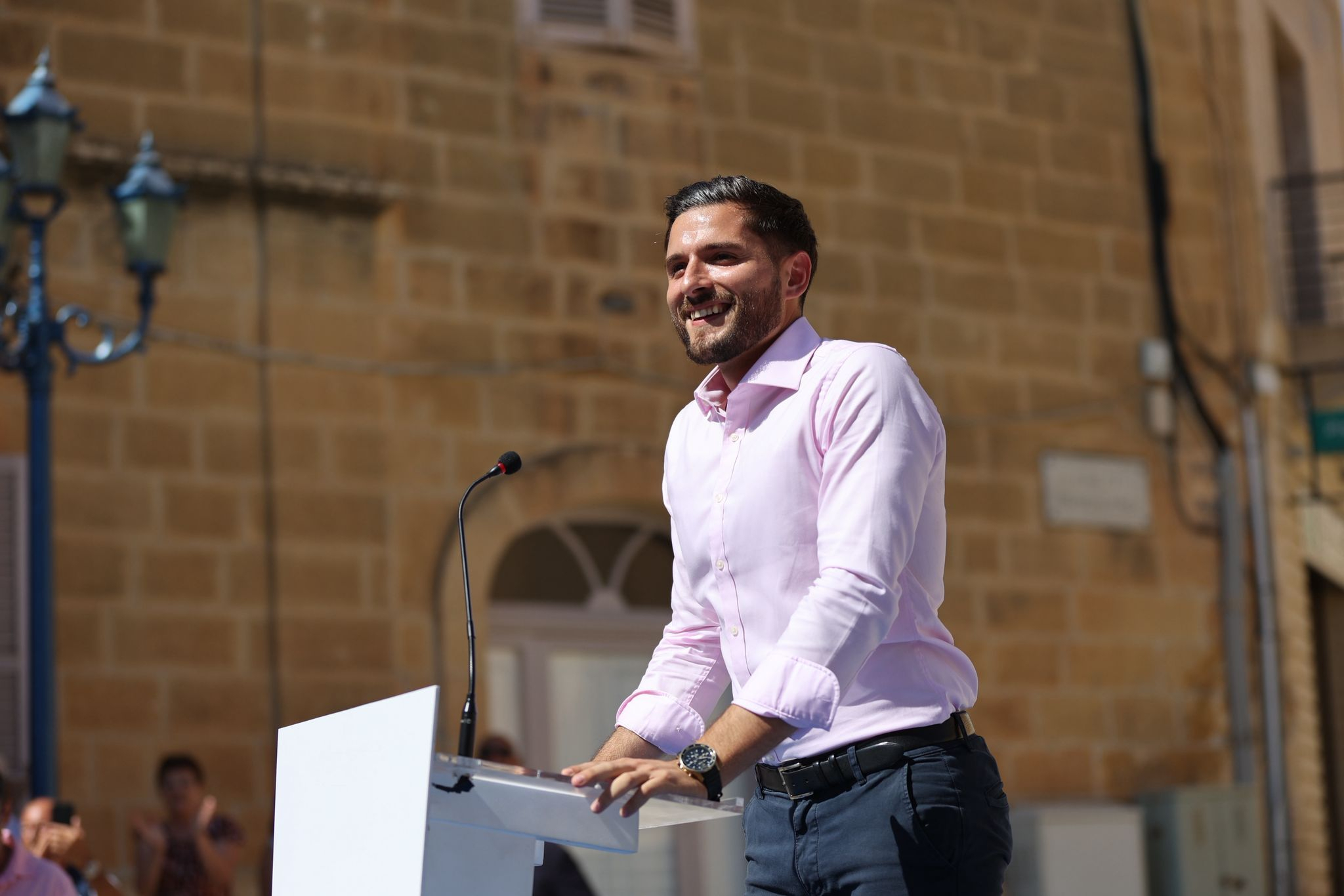 Alex Borg addressing supporters in Gozo, where he is more trusted to lead the country than his rival Robert Abela