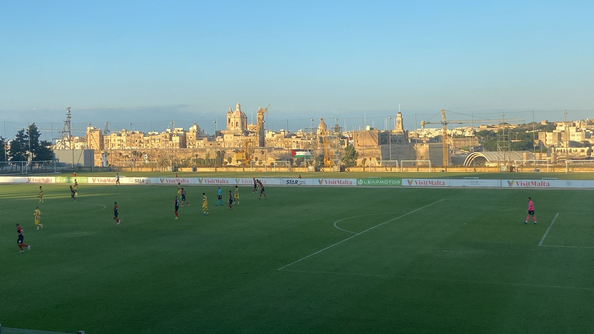 A large Palestinian flag put up on the bastions visible from the stadium