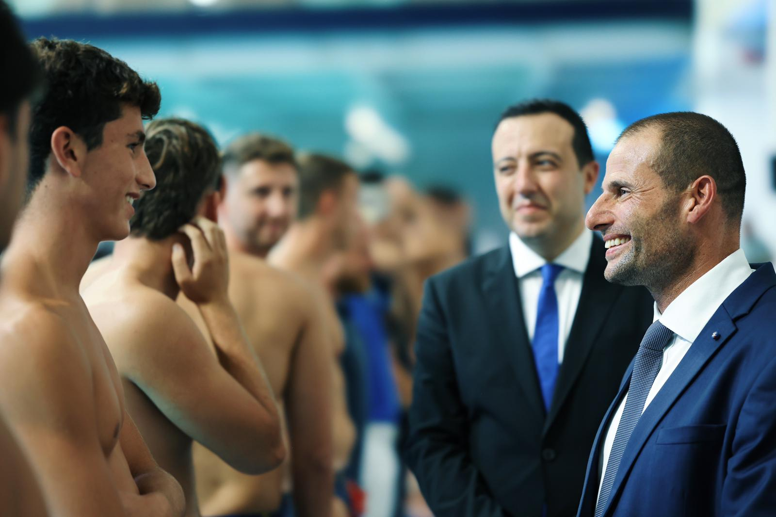 Abela greets athletes with Gozo Minister Clint Camilleri (Photo: DOI)