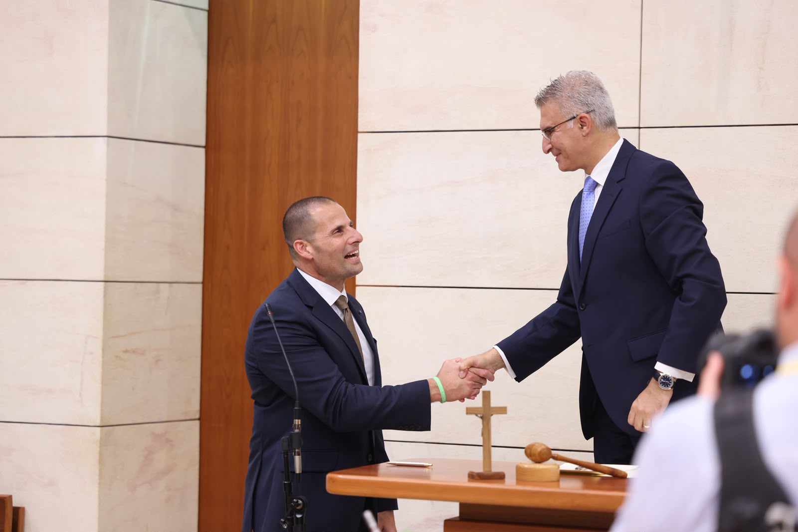 Prime Minister Robert Abela shaking hands with the new Speaker Carmelo Abela after being sworn in as an MP (Photo: MaltaToday/James Bianchi)