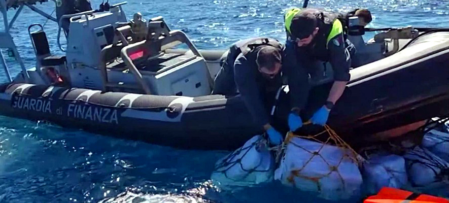Two tons of cocaine packaged in floating packages at sea seized by the Guardia di Finanza in an April 2023 operation 