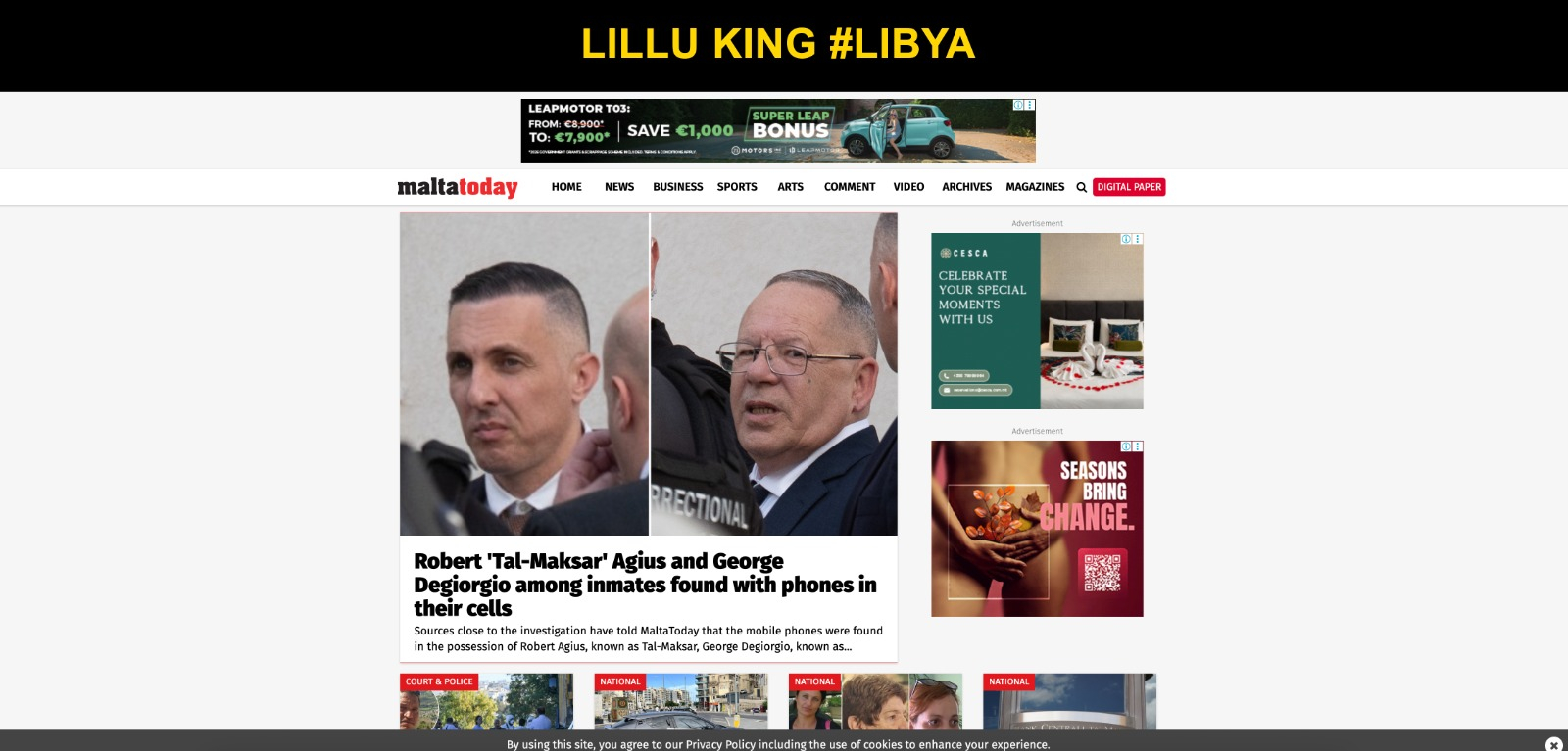 A banner at the top of MaltaToday's homepage read 'LilluKing#Libya' 
