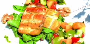 Barbequed halloumi cheese with melon and grape salad