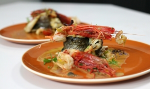 Rolled seabass in a prawn sauce