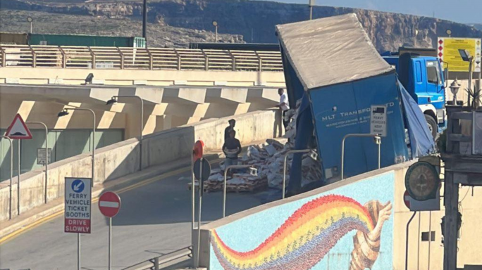 Cargo falls off truck at Mġarr's Gozo Ferry ticket booths