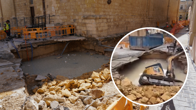 WATCH | Massive gaping hole in Tarxien swallows excavator after road collapse near square