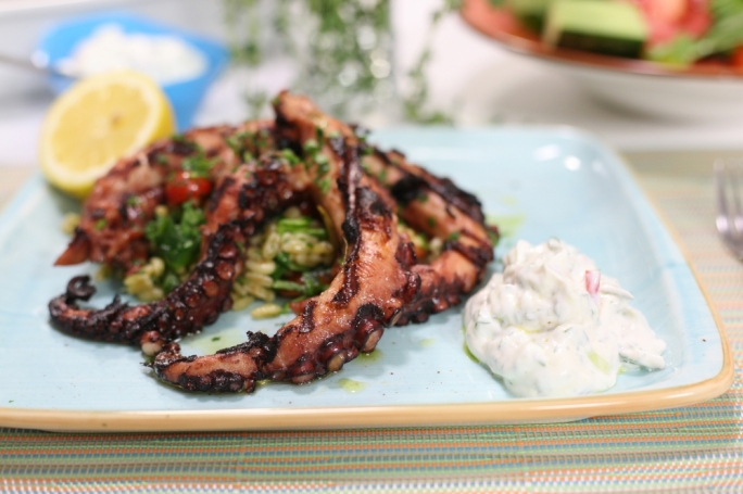 Charred octopus with kamut salad and yoghurt dressing