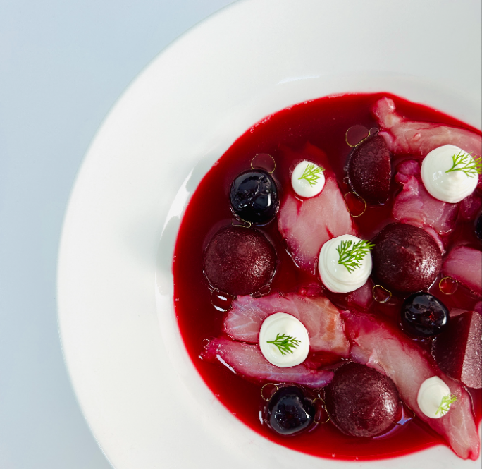 Sea bream ceviche with beetroot and crème fraîche