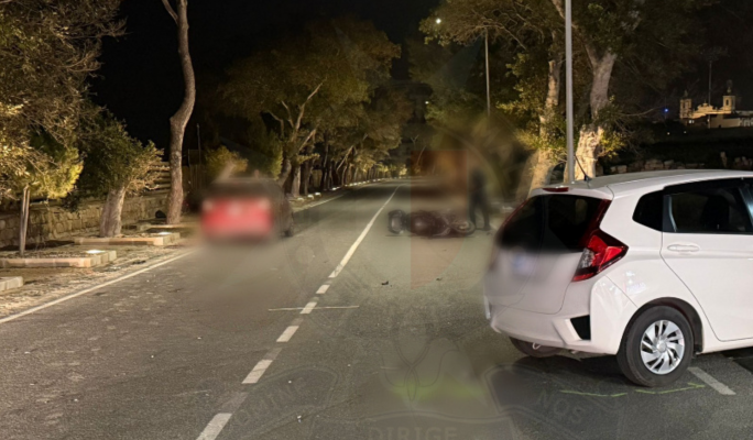 Motorcycle driver grievously hurt after collision involving two cars