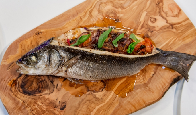 Mediterranean stuffed sea bass