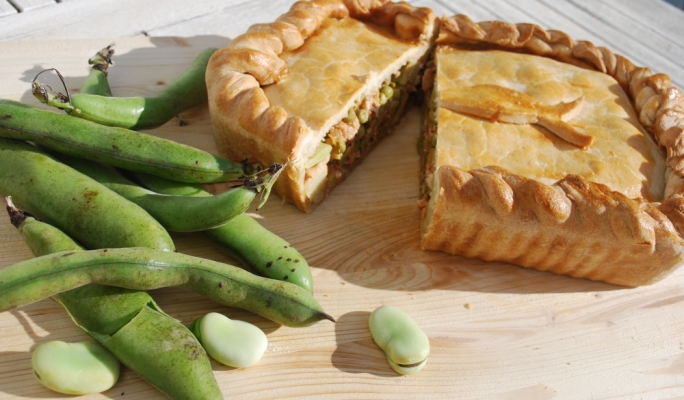 Meagre and spring veggie pie