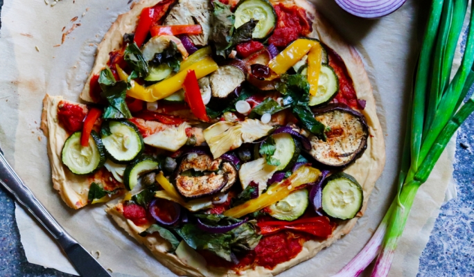 Gluten-free chickpea base veggie pizza