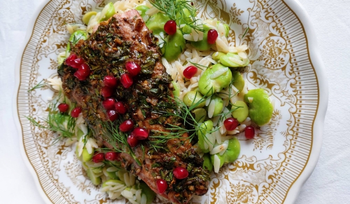 Chermoula-basted lampuki with orzo and broad beans