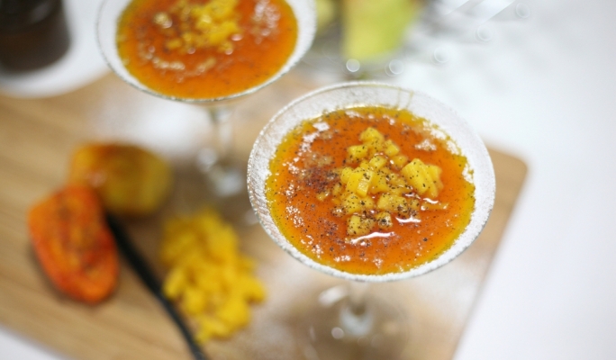 Lemon and lime posset with prickly pear and star anise syrup