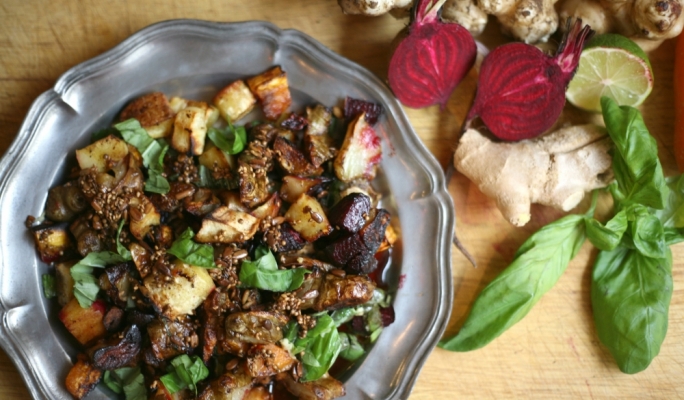 [WATCH] Roasted root vegetables with mixed seeds and ginger