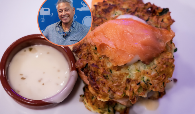 Zucchini pancakes with sour cream and smoked salmon