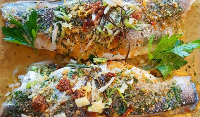 Sea bass stuffed with prawns, sundried tomatoes and zucchini